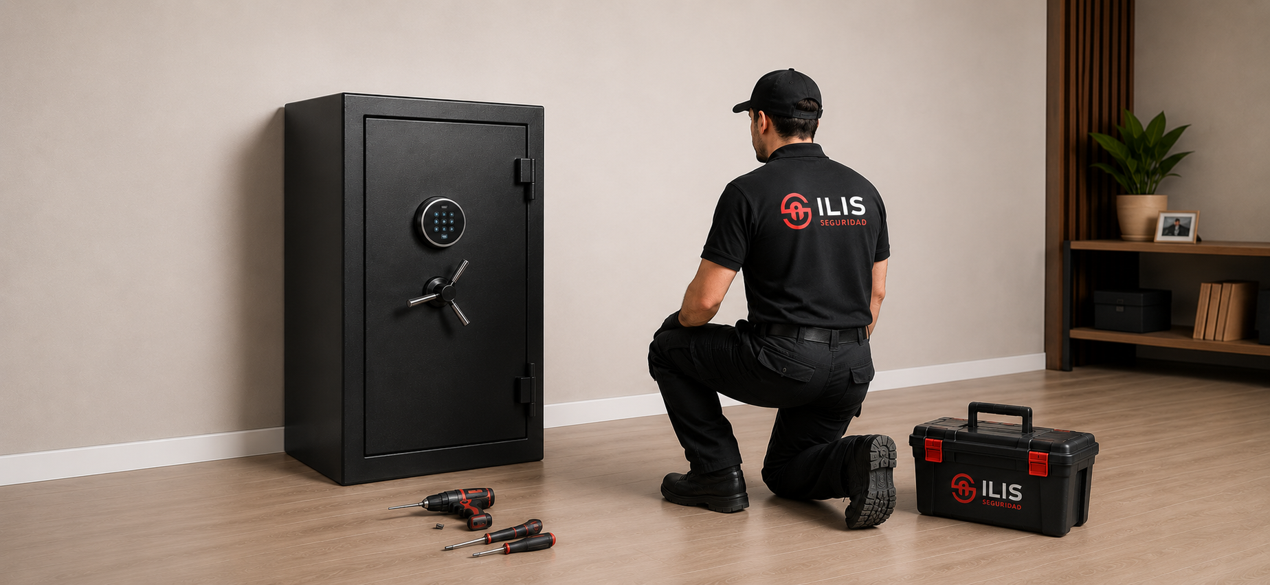 Técnico ILIS Seguridad realizando mantención de caja fuerte